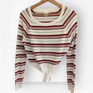 Tie Front Sweater White Red Striped Cropped Scoop Neck Medium Freshman 1996